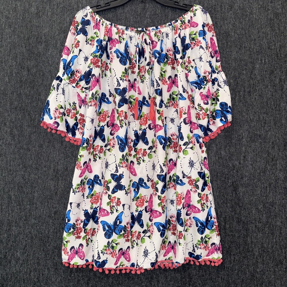 America & Beyond Dress Medium Womens Butterfly Floral Pom Pom Spring Romantic